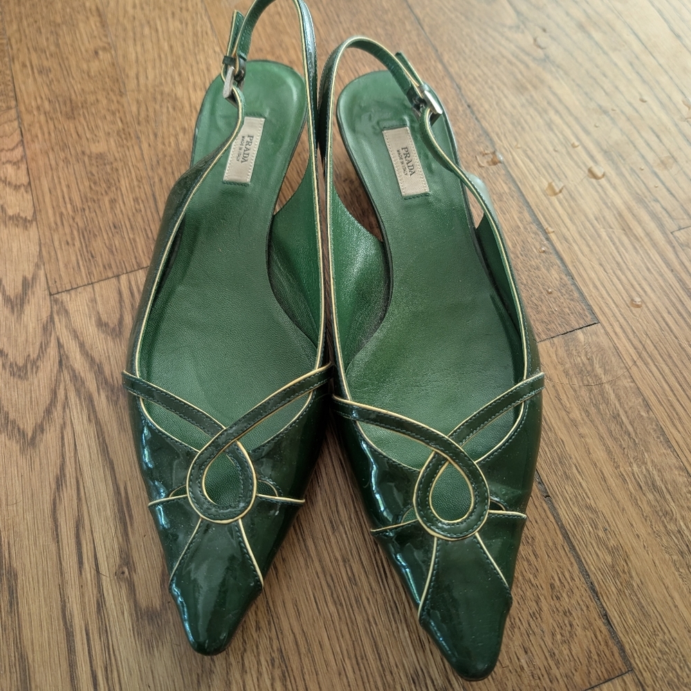 Prada Green Patent Leather Slingback Women's Kitten Heels 7.5